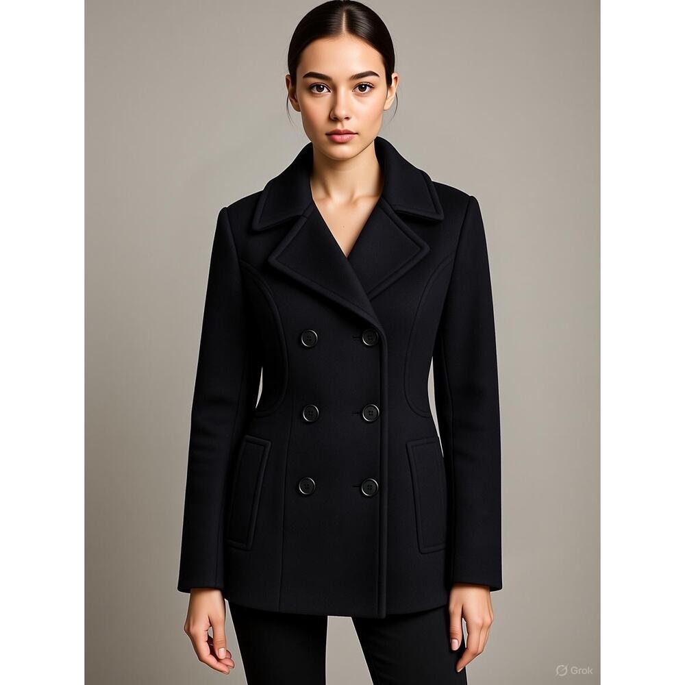 Croft & Barrow Women's Classic Black‎ Double-Breasted Wool Blend Pea Coat Medium